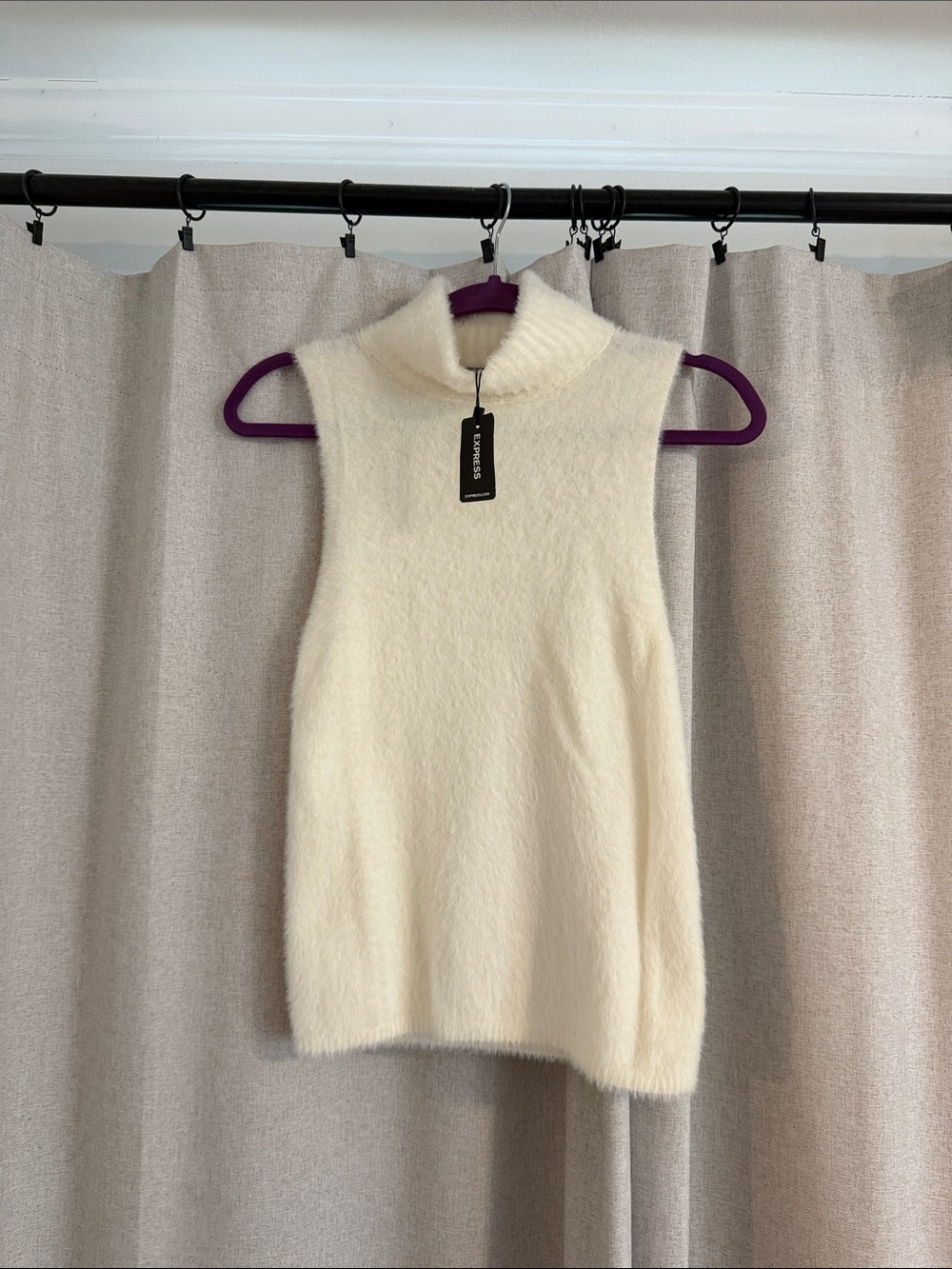Express Cream Sleeveless Turtleneck Fuzzy Sweater Tank